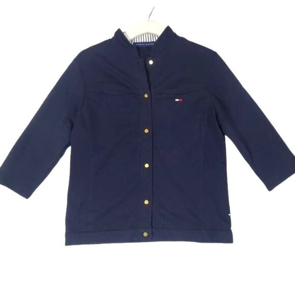 TOMMY HILFIGER Womens‎ Button Up SZ 14 Navy 100% Cotton Logo 3/4 Sleeves 46 Plus - Picture 1 of 8